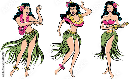 Group of retro pop art Hawaiian Hula girl dancing in a grass skirt