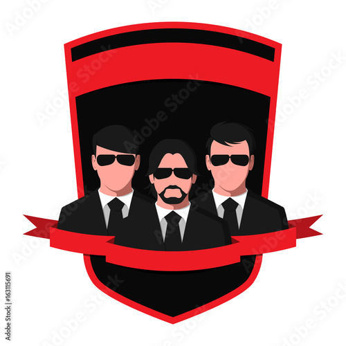 Silhouettes of people in black suits and glasses. Emblem of a detective agency isolated on white background. Spy team flat vector illustration.
