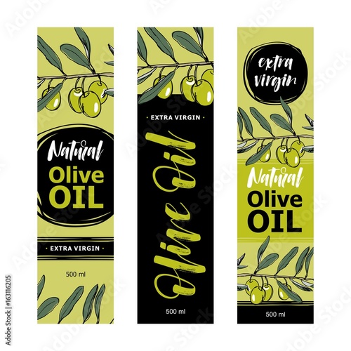 Set of templates label for olive oil. With hand-drawn graphic
