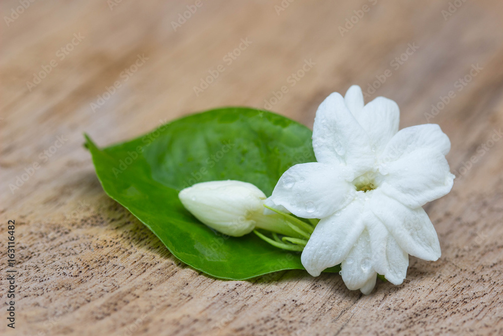 Jasmine flowers on wooden background ,soft focus
