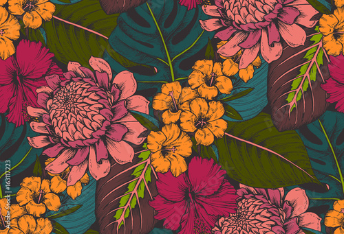 Vector seamless pattern with compositions of hand drawn tropical flowers