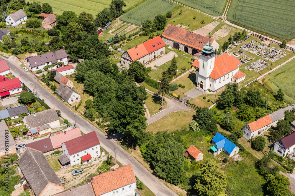 aerial view of the Ligota Wielka village and harvest fields