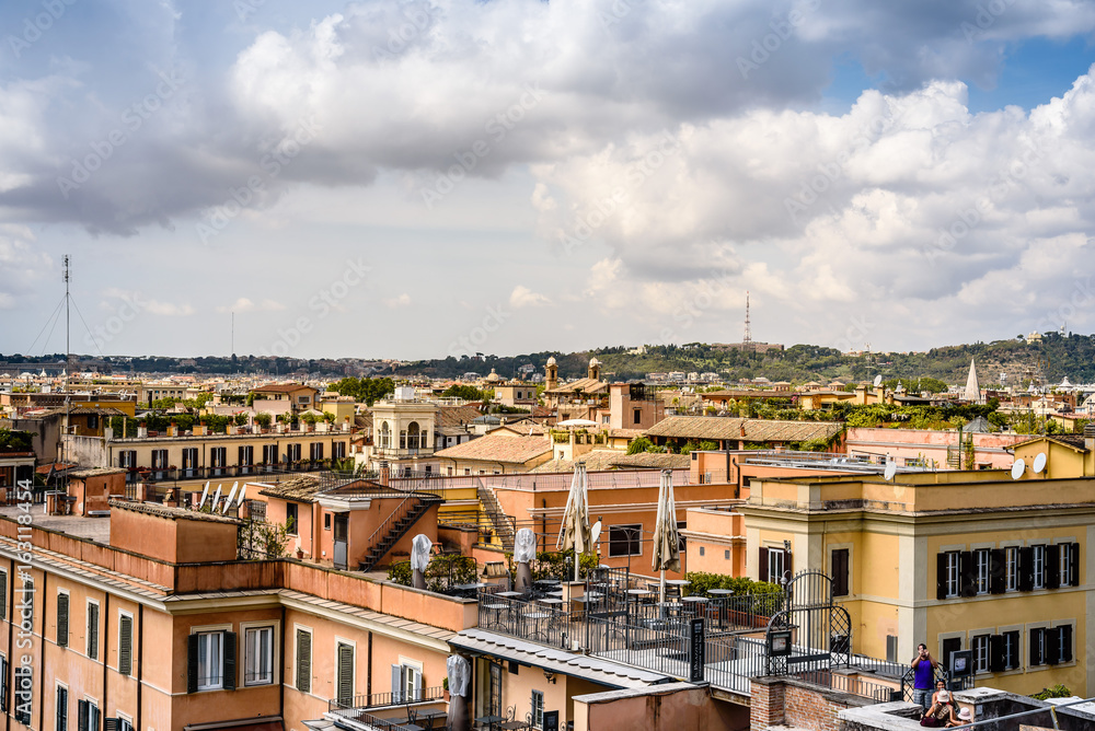 View of Rome from Piazza della Trinita dei Monti a sunny summer day