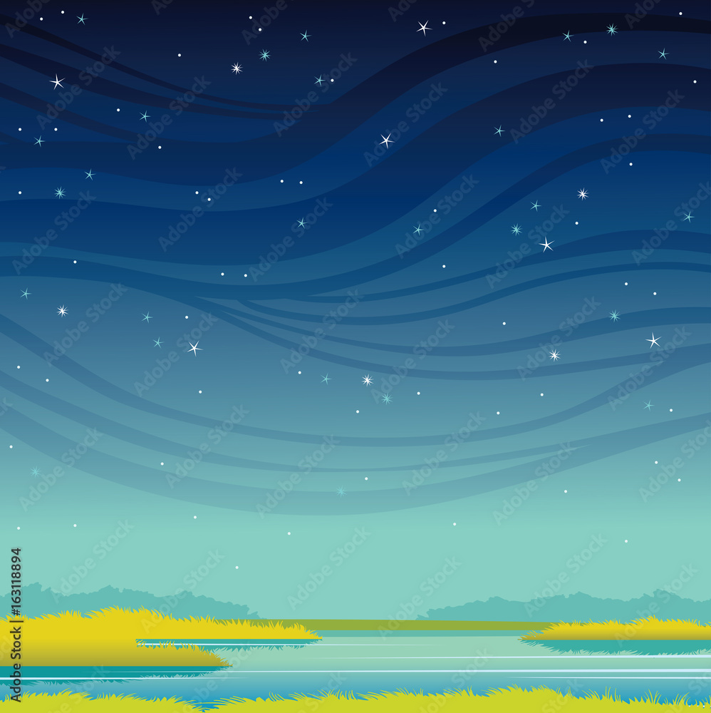 Summer night landscape - lake, stars, grass. Summer night landscape - lake, stars, grass.