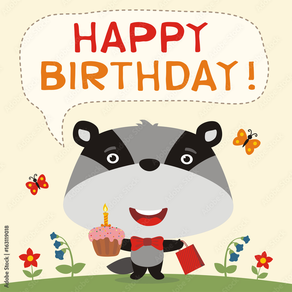 Happy birthday! Funny badger with birthday cake and gift. Birthday card with badger in cartoon style. Happy birthday! Funny badger with birthday cake and gift. Birthday card with badger in cartoon style.