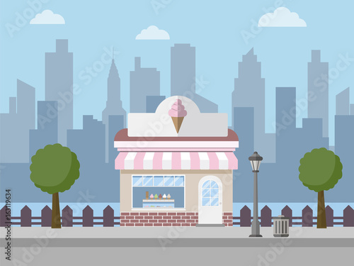 Ice cream shop with city background