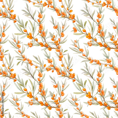 Watercolor sea buckthorn vector pattern