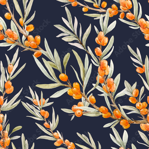 Watercolor sea buckthorn vector pattern