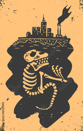 history of earth vector illustration. dinosaur skeleton fossil buried under city with modern buildings and industrial plant
