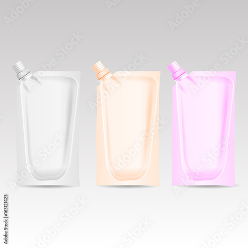 Three flexible foil drink pouch bags with spout Vector