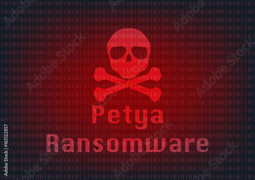 Abstract Malware Ransomware petya virus encrypted files with skull on binary bit background. Vector illustration cybercrime and cyber security concept.