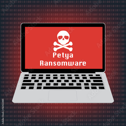 Malware Ransomware Petya virus encrypted files and show skull on laptop computer screen. Vector illustration cybercrime and cyber security concept.