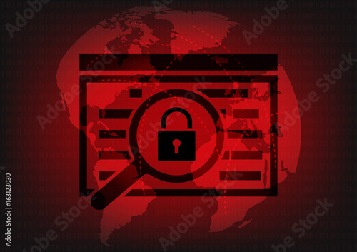 Abstract Malware Ransomware virus encrypted files with key lock on wolrd map background. Vector illustration cybercrime and cyber security concept.