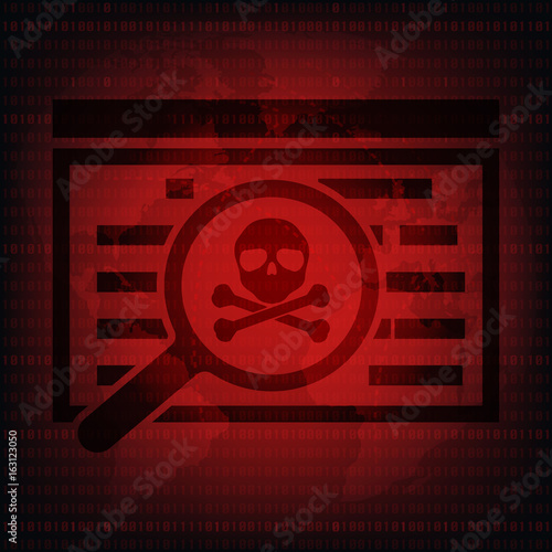 Malware Ransomware virus encrypted files magnifying glass with skull with world map background. Vector illustration cybercrime and cyber security concept.