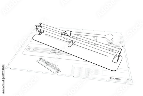 3d illustration of tile cutter above engineering drawing