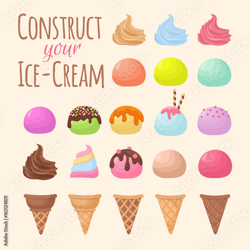 Cartoon ice cream and waffle cone cartoon creation constructor