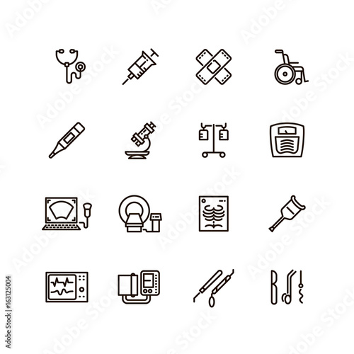 Healthcare medical equipment and hospital line vector icons