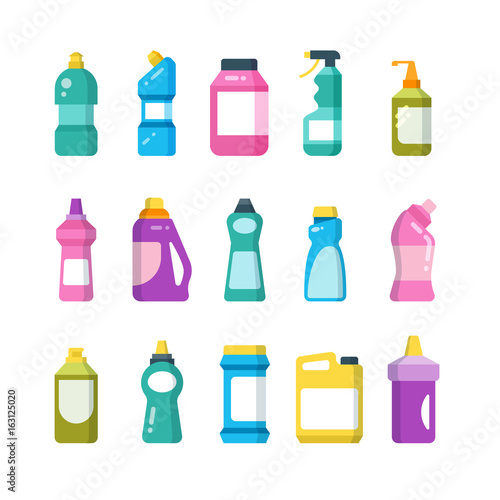 Cleaning household products. Chemical cleaners bottles. Sanitary containers vector set