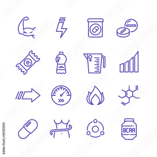 Sports vitamins and food supplements thin line vector icons. Fat burning pills and energy drinks pictograms