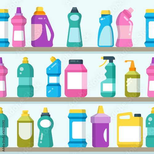 Household goods and cleaning supplies on supermarket shelves seamless vector background