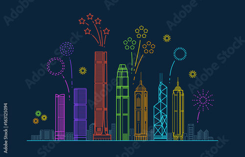 Hong kong city vector panorama with festive fireworks. China line cityscape with buildings