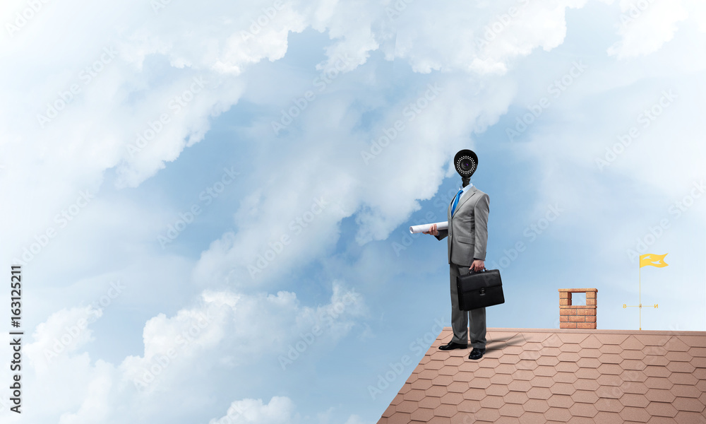 Concept of home security and privacy protection with camera headed man Concept of home security and privacy protection with camera headed man