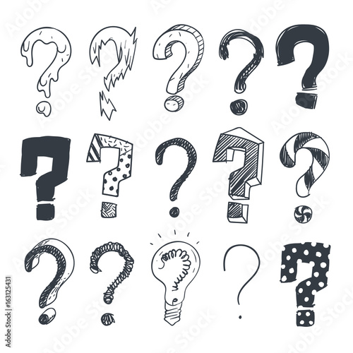 Doodle question marks. Hand drawn interrogation query symbols vector set