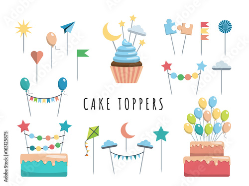 Set of decorative toppers for decorating cakes and cupcakes, and other baked goods from dough. Vector illustration of decoration for children parties and birthdays cake toppers.