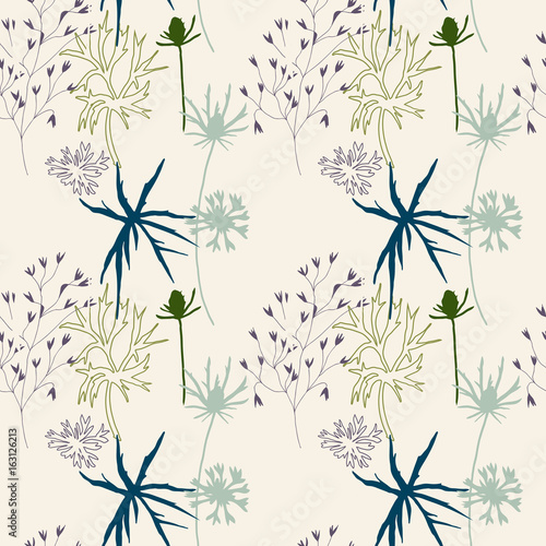Floral vector seamless pattern with cornflowers, thistles and grasses.