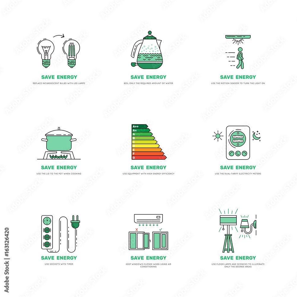 Vector set of posters which will reduce the use of electricity and reduce the fee for utilities