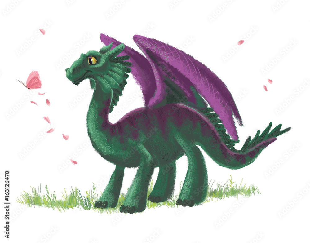 Hand drawn artistic funny dinosaur with butterfly portrait with nature  elements isolated on white background. Friendly animal character design.  Children book illustration. Stock Illustration | Adobe Stock