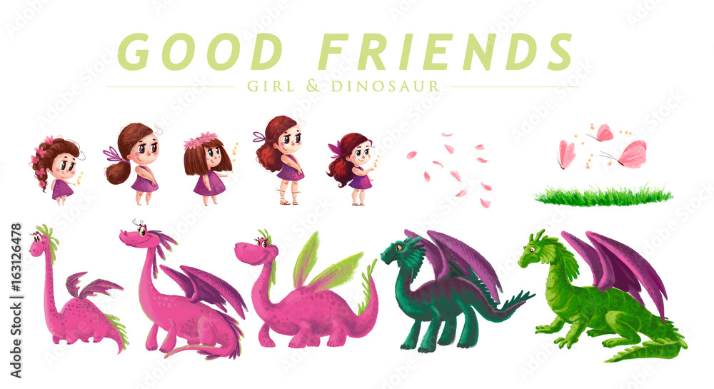 Hand drawn artistic collection of cute little girl and friendly dinosaur with nature elements isolated on white background. Cartoon style. Children illustration. Hand drawn artistic collection of cute little girl and friendly dinosaur with nature elements isolated on white background. Cartoon style. Children illustration.