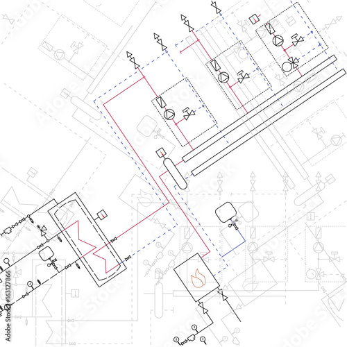 Technical blueprint of steamshop vector illustration. Architecture and reconstruction templates.