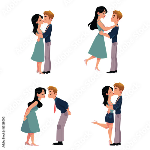 Set of young couple, man and woman, boy and girl kissing romantically, cartoon vector illustration isolated on white background. Set of four kissing couples, romantic relationships, dating, flirting