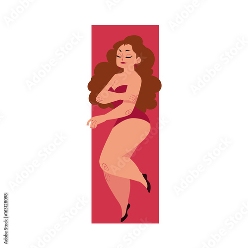 Pretty plump, plus size Caucasian curvy woman, girl in swimming suit, top view cartoon vector illustration isolated on white background. Top view portrait of pretty plump woman in swimming suit
