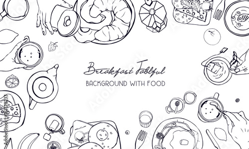Horizontal advertising banner on breakfast theme. Backdrop with drink, pancakes, sandwiches, eggs, croissants and fruits. Top view. black and white vector hand drawn background with place for text.