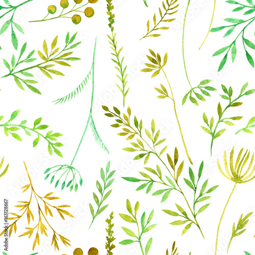 seamess pattern with watercolor doodle twigs with leaves