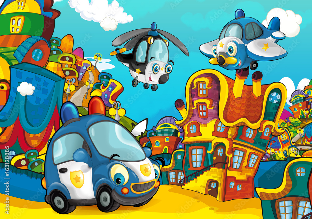 Fototapeta premium Cartoon police car smiling and looking in the parking lot / plane and helicopter flying over - illustration for children
