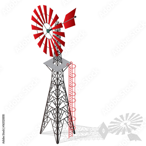 Wind pump for pumping of water on farm. Home wind power plant for power generation. Technical industrial agriculture building with metal construction. Master vector windmill illustration.