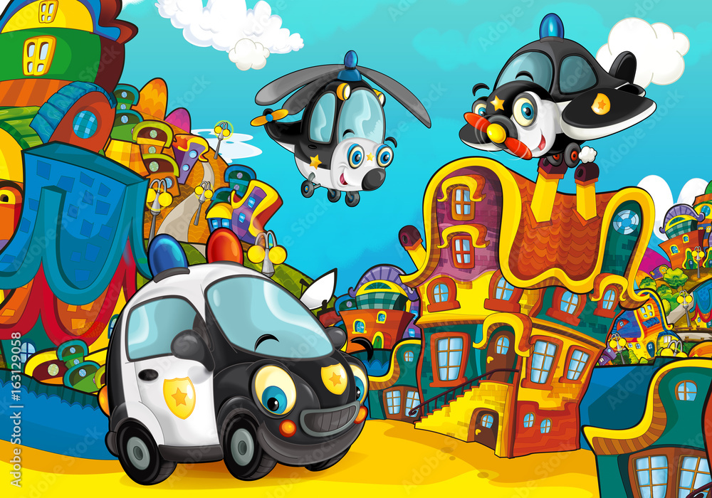 Fototapeta premium Cartoon police car smiling and looking in the parking lot / plane and helicopter flying over - illustration for children