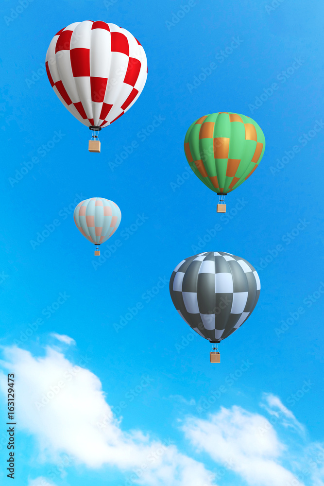 Obraz premium 3d rendering : illustration of colorful hot air balloon floating above the sky in sunny day. vacation time concept. abstract peaceful background.