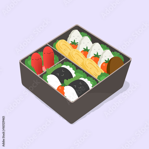  ute bento. Japanese lunch box. Funny cartoon food. Isometric colorful vector illustration.