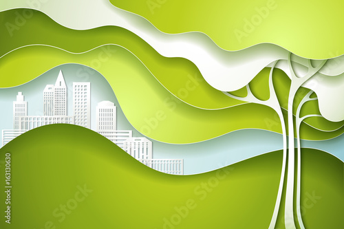 Paper cut art design style. Green tree. Eco nature concept city. Vector illustration