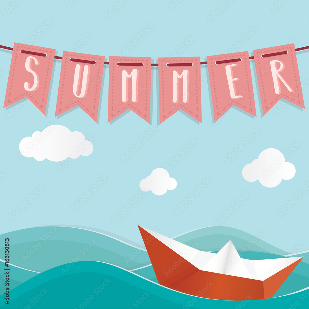 welcome summer origami paper art style background design vector illustration welcome summer origami paper art style background design vector illustration