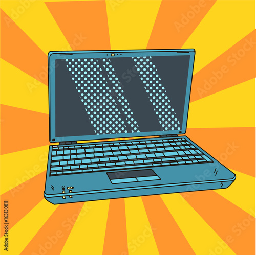 Laptop in pop art. Open digital notebook in comic style. Vector illustration.