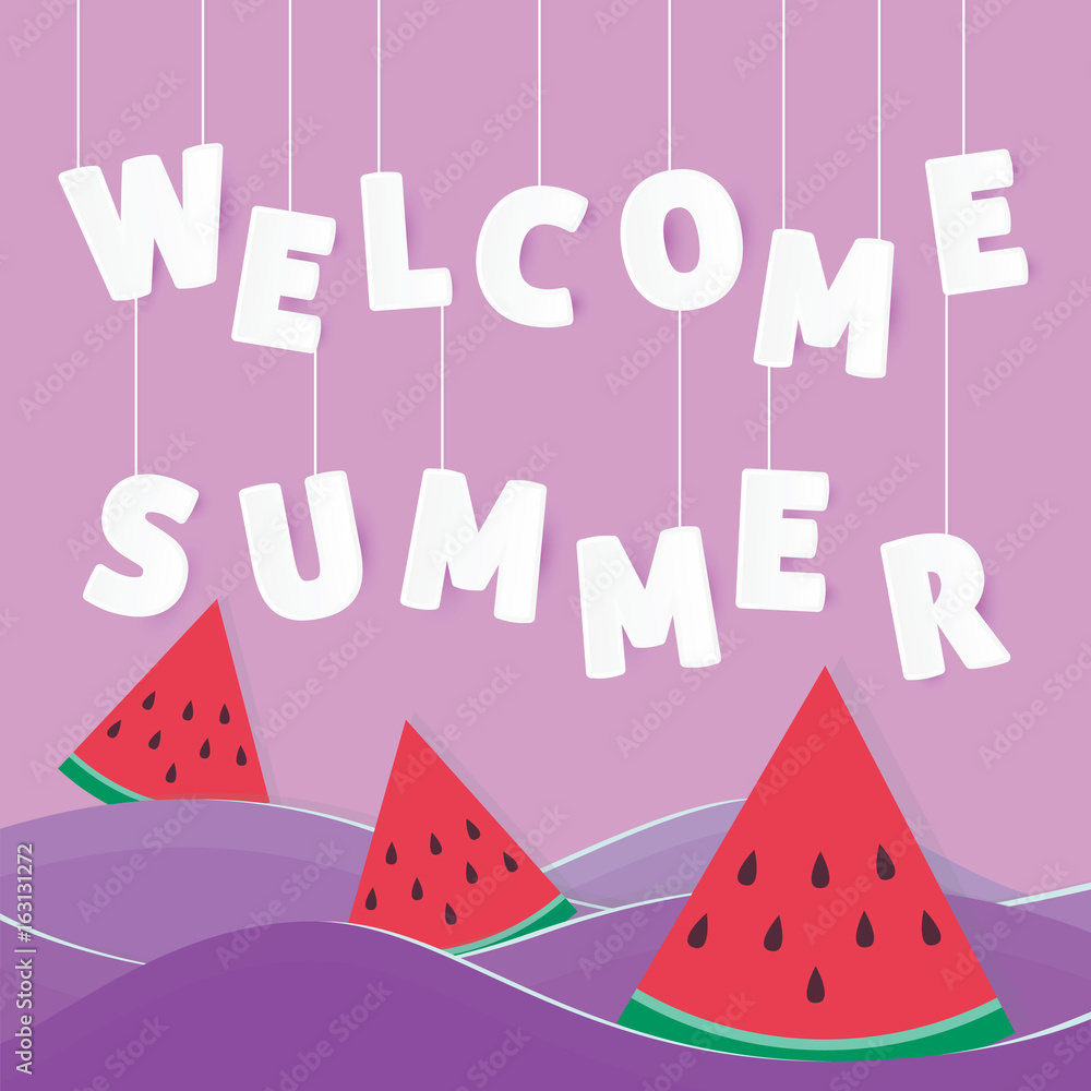 welcome summer origami paper art style background design vector illustration