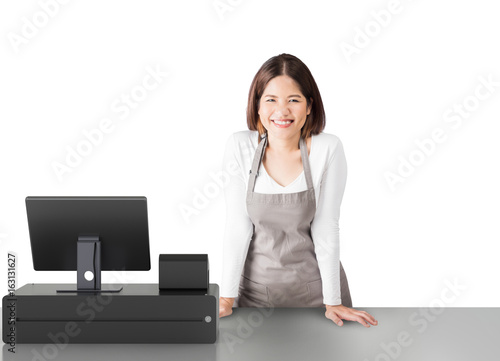 asian worker with cashier desk photo