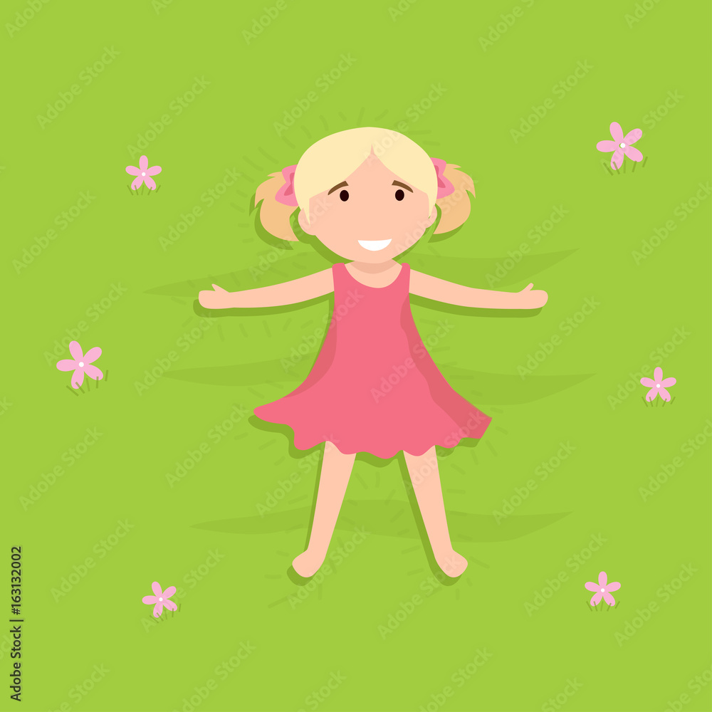 little girl flat illustration lying on grass little girl flat illustration lying on grass