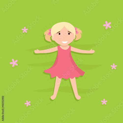 little girl flat illustration lying on grass
