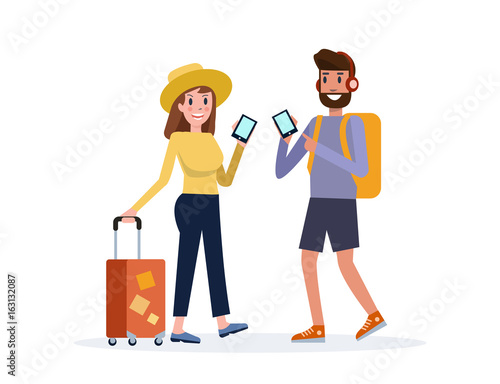 Man and Woman traveling together. Using Smartphone for search and reading reviews.  flat character design. vector illustration